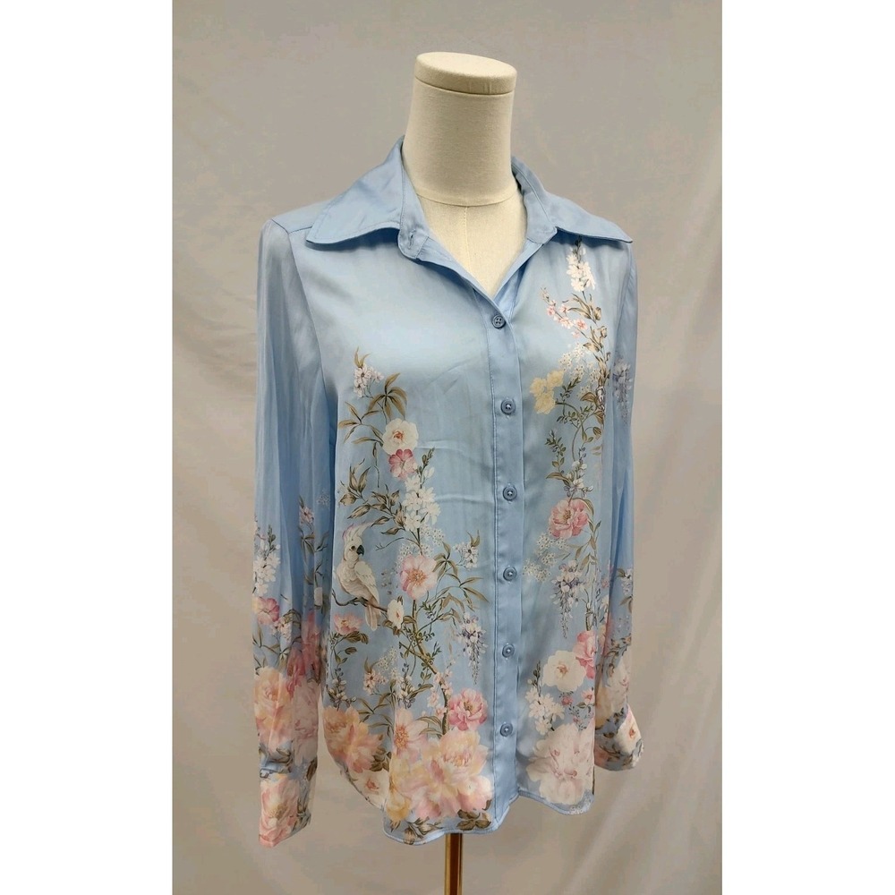 Rachel Zoe Blouse Button Up Shirt Silky Blue Lavish Floral Parrot Glam Print S - Picture 7 of 7